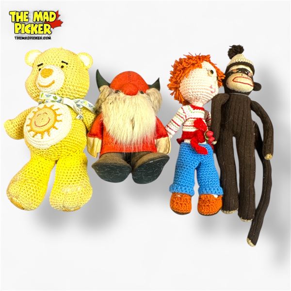 Set of 4 Handmade Amigurumi Dolls - Yellow Bear, Horned Figure, Red-Haired Doll, Sock Monkey