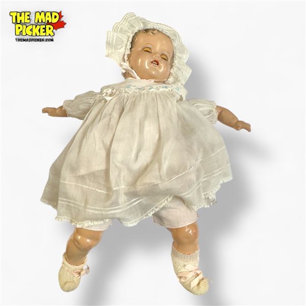 Antique Composition Baby Doll 22" Tall in White Lace Dress & Bonnet