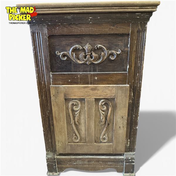 Antique Wooden Icebox with Carved Details 25.5 x 17 x 40 IN Early 20th Century