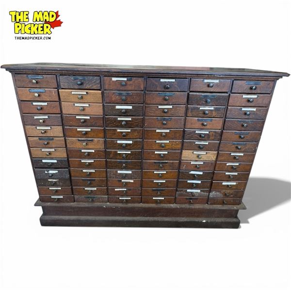 Antique Industrial Multi-Drawer Hardware Cabinet 58x16x44in Wood and Metal