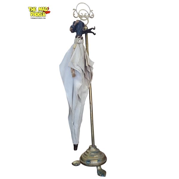 Vintage Brass Umbrella Stand W/ Umbrella Dog Head Carved Handle Light Fabric