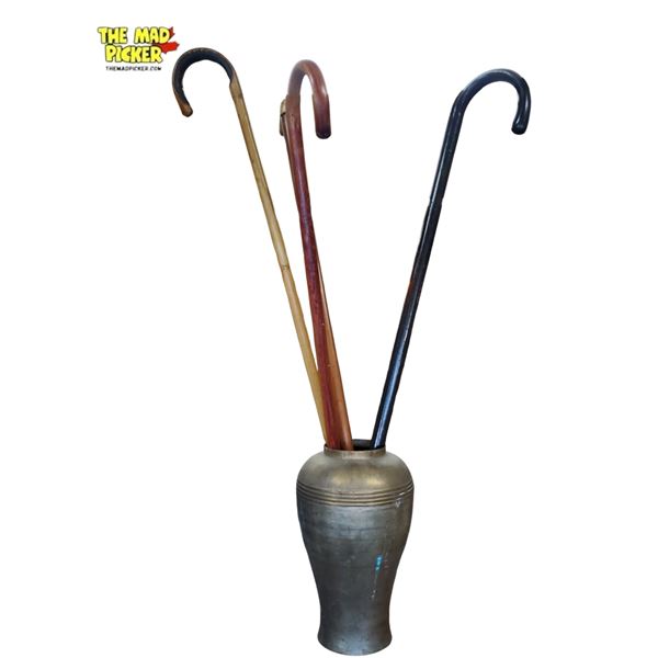 12in Brass Pot with Assorted Walking Sticks and Canes