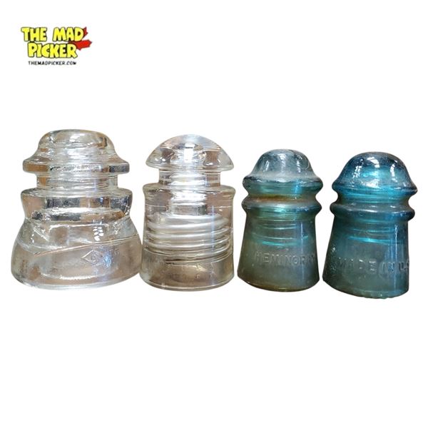 Set of 4 Vintage Hemingray Glass Insulators Aqua, Pyrex & Clear - Mid-20th Century