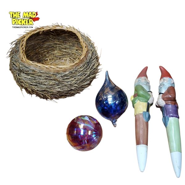 Wicker Bird's Nest, Decorative Figurines (Potted Plant Watering Gnomes) & Iridescent Glass Items Set