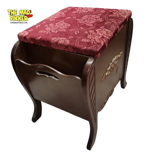 Antique Mahogany Piano Stool Red Floral Upholstered Seat Early-Mid 20th Century