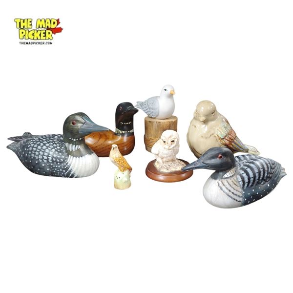 Collection of Hand-Carved and Painted Loon, Duck, and Owl Figurines and Decoys