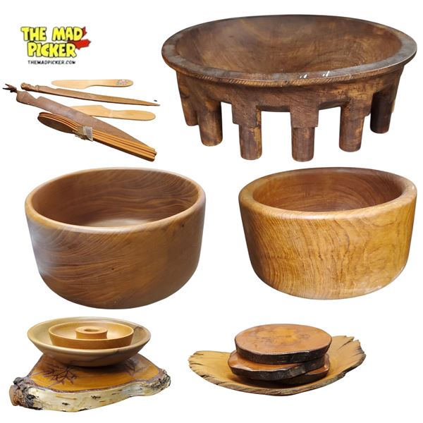 Set of Handcrafted Wooden Serving Bowls and Utensils Possibly Teak Wood