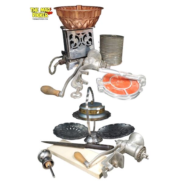 Group of Assorted Vintage Kitchenware - Meat Grinders, Accessories, Timer Etc.
