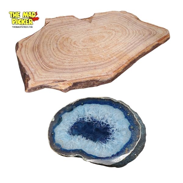 Blue Dyed Agate Slice and Petrified Wood Slice Coasters/decor Pieces