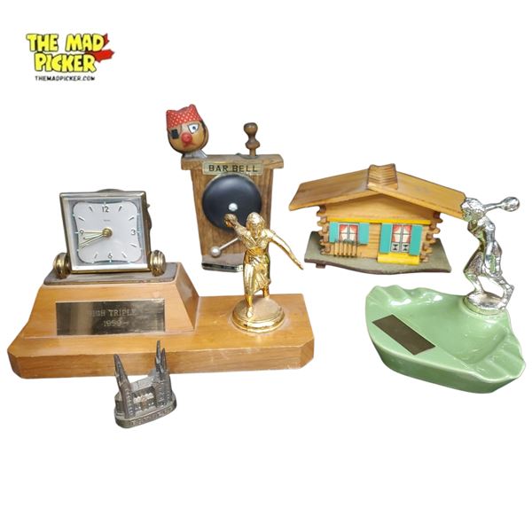 Assorted Vintage Desk Items Set - Bowling Trophies, Bar Bell, Clock, Souvenirs
