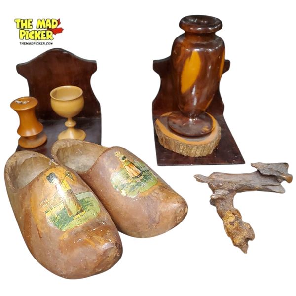 Group of Wooden Decor Dutch Woodne Shows, Book Ends, Turned Wood and More