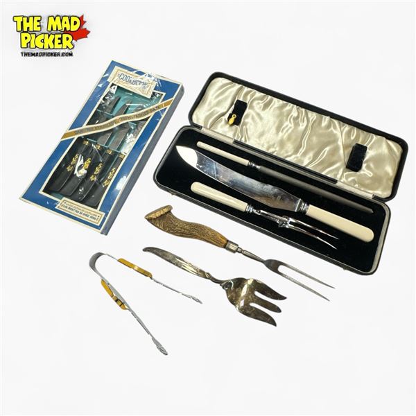 Vintage Sheffield Cased Carving Set with Assorted Serving Pieces and Knives