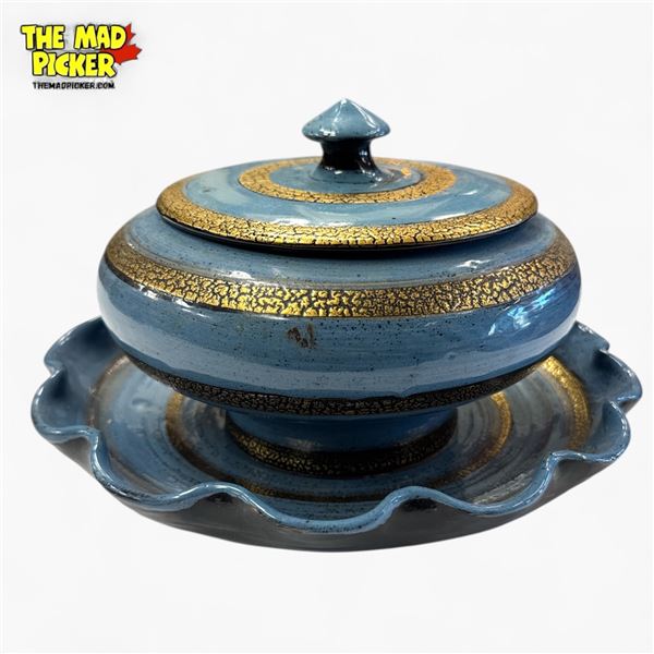 Handmade Blue & Gold Ceramic Lidded Casserole Dish with Chattered Pattern Marked Tia. Y
