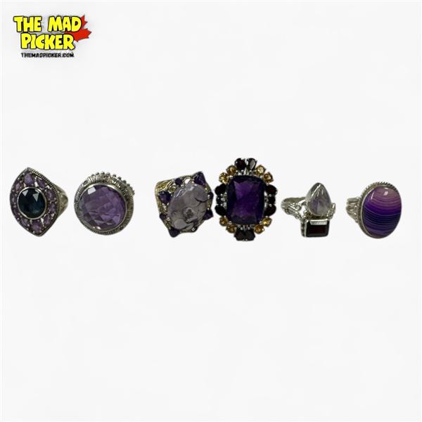 6 New Polished & Faceted Gemstone Rings in Silver Settings - Amethyst, Charoite, Mystic Topaz (all s