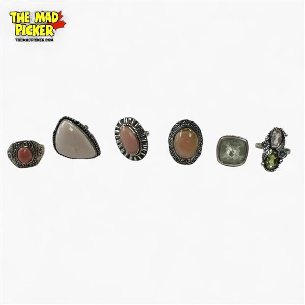 6 New Polished & Faceted Gemstone & Crystal Rings in Silver Settings  (all stamped .925) * Total wei
