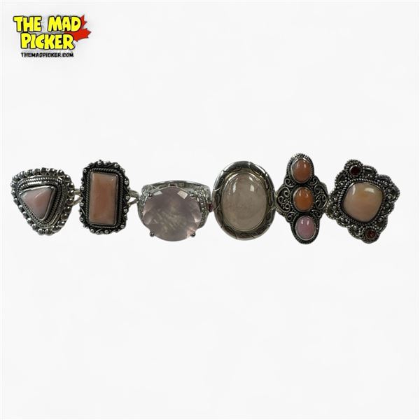 6 New Polished & Faceted Gemstone & Crystal Rings in Silver Settings - Pink Andean Opal, Rose Quartz