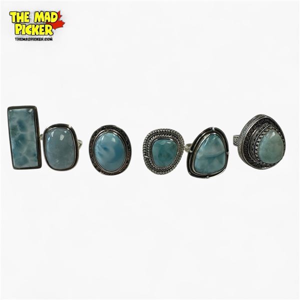 6 New Polished Natural Larimar (Dolphin Stone) Rings in Silver Settings (all stamped .925) * Total w