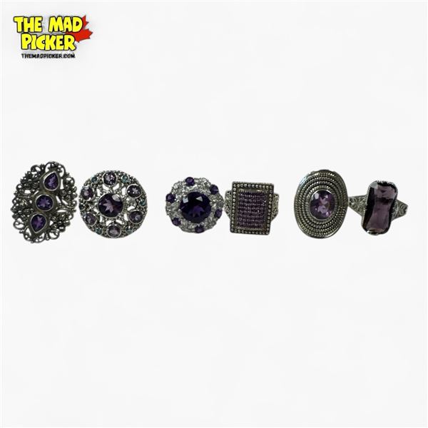6 New Faceted Amethyst Crystal Rings in Silver Settings (all stamped .925) * Total weight: 54.8 gram
