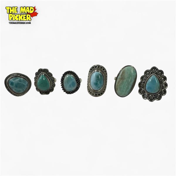 6 New Polished Natural Larimar (Dolphin Stone) Rings in Silver Settings (all stamped .925) * Total w