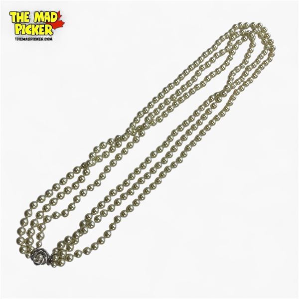 Camrose & Kross J.B.K Triple Strand of Pearls with Floral Box Clasp - 30" necklace with 8mm peals