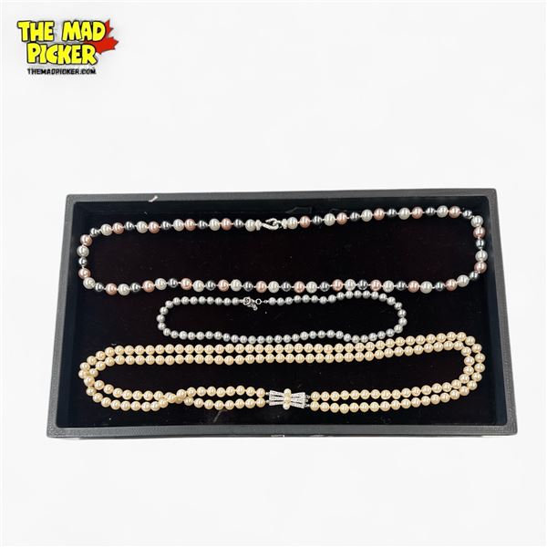 3 Simulated & Cultured  Pearl Necklaces - 18" Grey (7mm), 30" Multicolour (10mm) with Rhinestone Cla