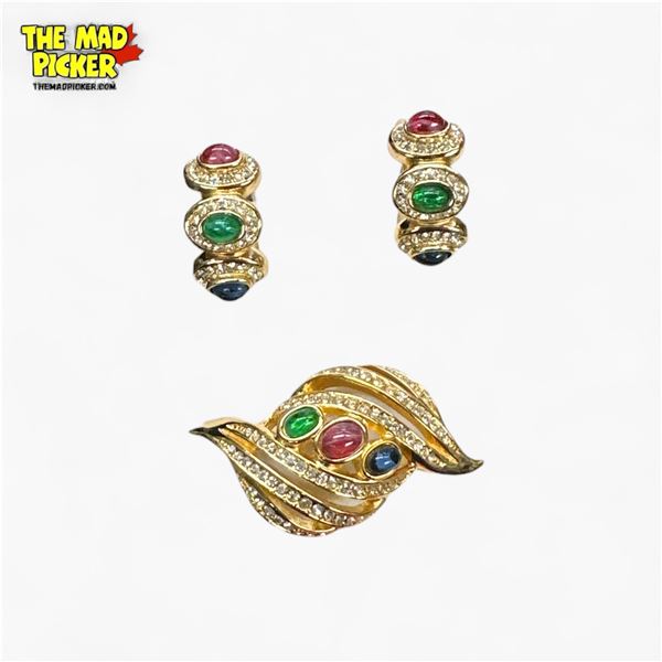 Vintage Christian Dior Gold-Tone Gripoix Cabochon & Crystal Brooch with Matching Clip-On Earrings (a