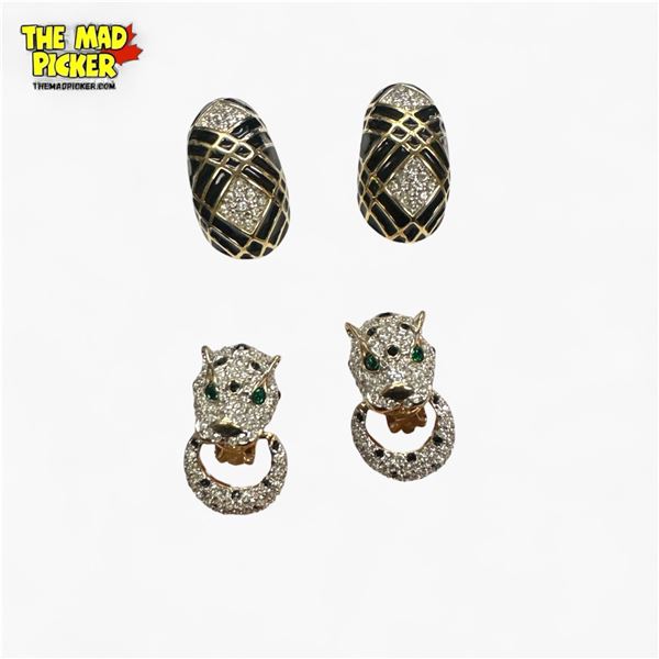 Nina Ricci Black Enamel & Rhinestone & Ivana Rhinestone Leopard Head Door-Knocker Clip-On Earrings (