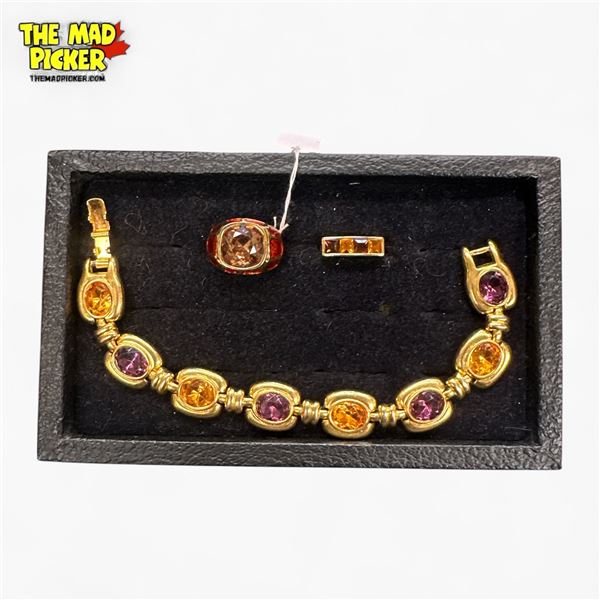 3 Vintage Joan Rivers Gold-Tone Crystal Amethyst & Topaz Jewelry Pieces (7.5" bracelet, and 2 size 6
