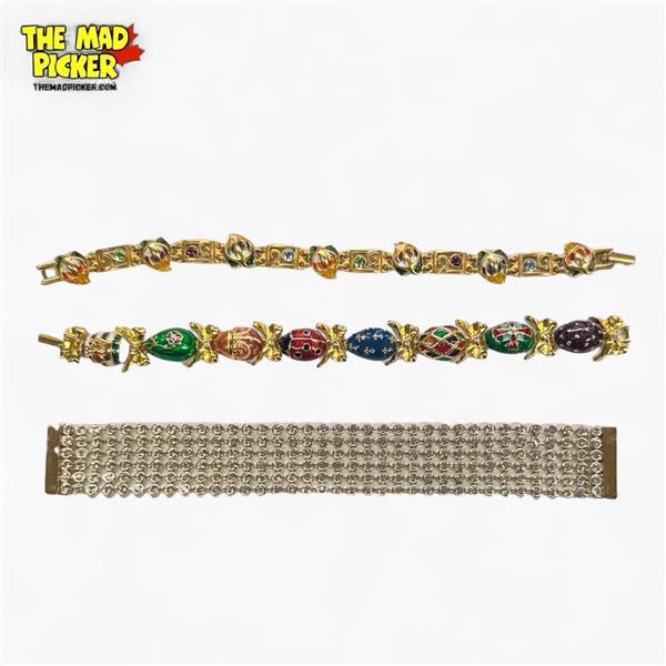 3 Vintage Joan Rivers Bracelets (Enamel & Rhinestone Egg Bracelet, Enamel & Rhinestone Floral Tennis