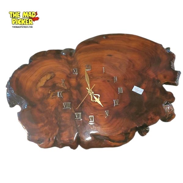 Vintage 22in Handmade Burl Wood or Redwood Slab Wall Clock.