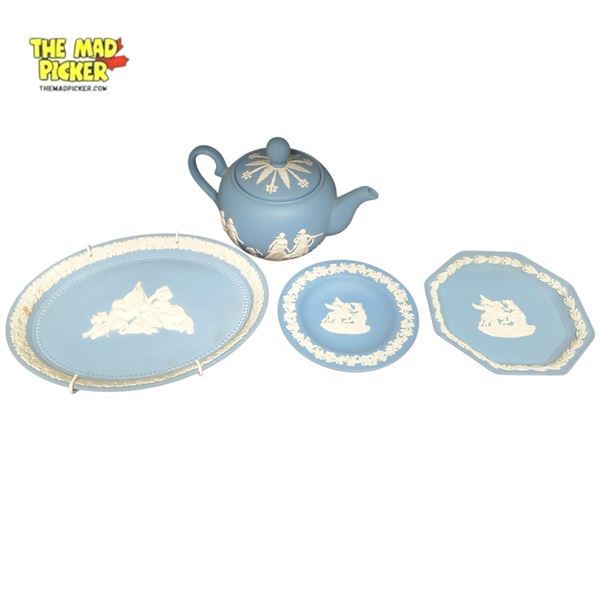 Collection of Wedgwood Blue Jasperware Ceramics with Classical Relief Designs