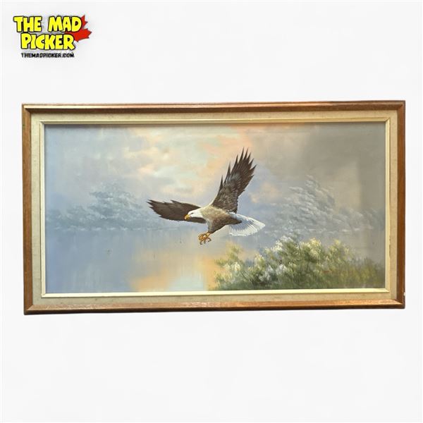 Framed "Eagle Flying" Painting on Canvas Signed by Artist - Approx. 52in X 29in
