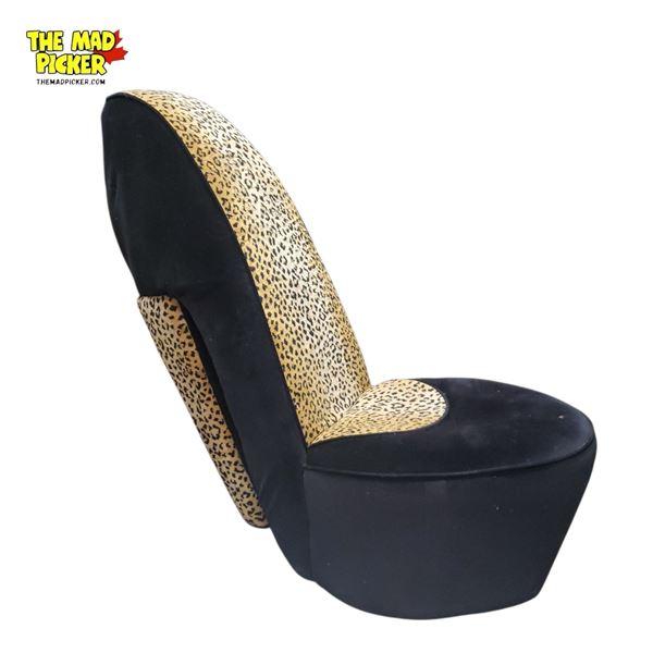 High-Heel Shoe Accent Chair with Black and Leopard-Print Fabric - 39in Tall