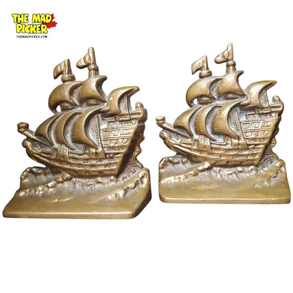 Pair of  Vintage Brass Sailing Ship Bookends