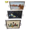 Image 1 : Set of 3 Vintage Art Deco Reverse Painted Glass Trays with Metal Frames