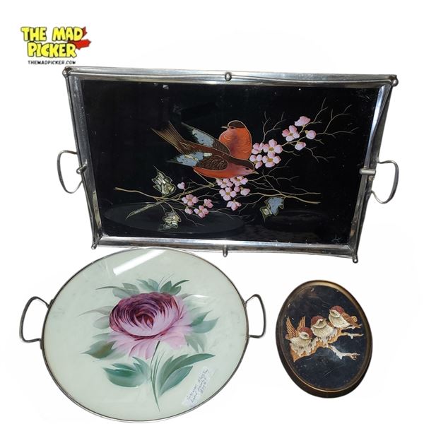 Art Deco Reverse-Painted Glass Trays Sets, and Ecstasy Birds Woven Wooden Decor