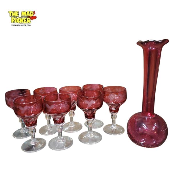 Set of 8 Cranberry Glass Goblets and Matching Vase Likely Moondrops Pattern