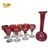 Image 1 : Set of 8 Cranberry Glass Goblets and Matching Vase Likely Moondrops Pattern
