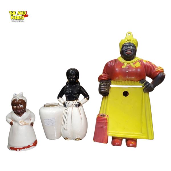 Vintage Black Americana Pieces - Porcelain Salt/Pepper Shaker, Mini Planter, Plastic Memo Holder