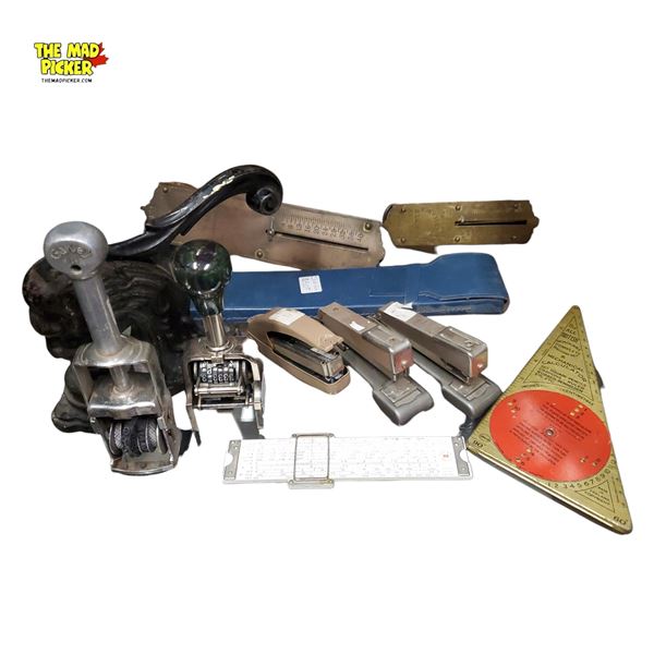 Group of Assorted Vintage Office Items - Staplers, Number Stamps Etc.