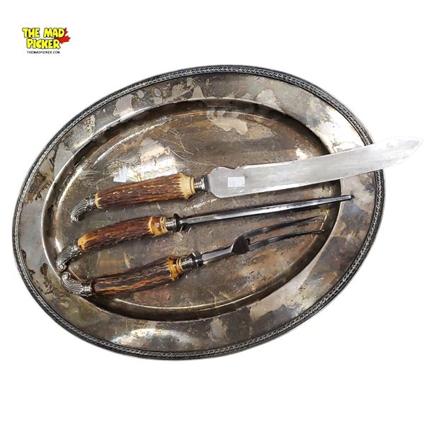Vintage 3-Piece Carving Set Stag Horn Handles W/ Tray Stainless or Silver-Plated