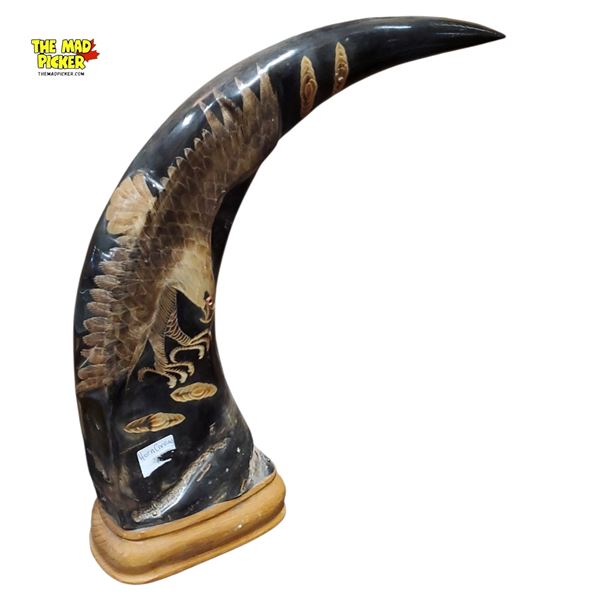 13in tall Vintage Hand-Carved Polished Water Buffalo Horn Eagle Sculpture with wooden base