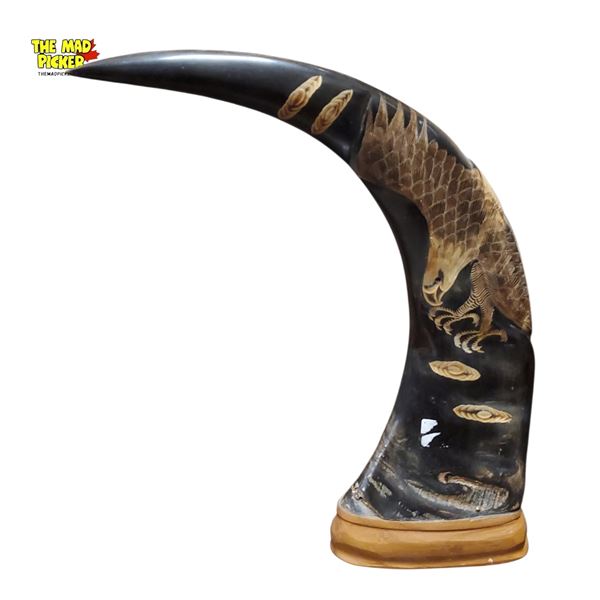 14in tall Vintage Hand-Carved Polished Water Buffalo Horn Eagle Sculpture with wooden base