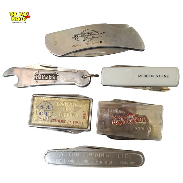 6 Assorted Vintage Advertising Pocket Knives Various Brands and Designs Mid-20th Century