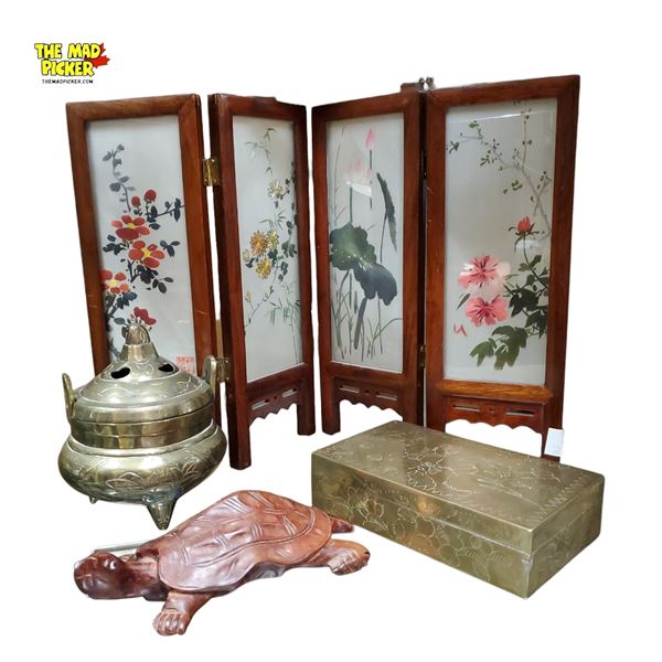 Chinese Folding Tea Screen, Glass Panels, Brass Incense Burner, Wood Turtle Figurine