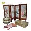 Image 1 : Chinese Folding Tea Screen, Glass Panels, Brass Incense Burner, Wood Turtle Figurine