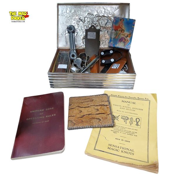 Box of Assorted Vintage Items - Snake Skin Wallet, Whistles, Antique Match Strike Etc.