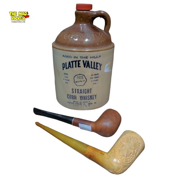Vintage Mccormick Platte Valley Whiskey Jug with Two Tobacco Pipes Ceramic/clay