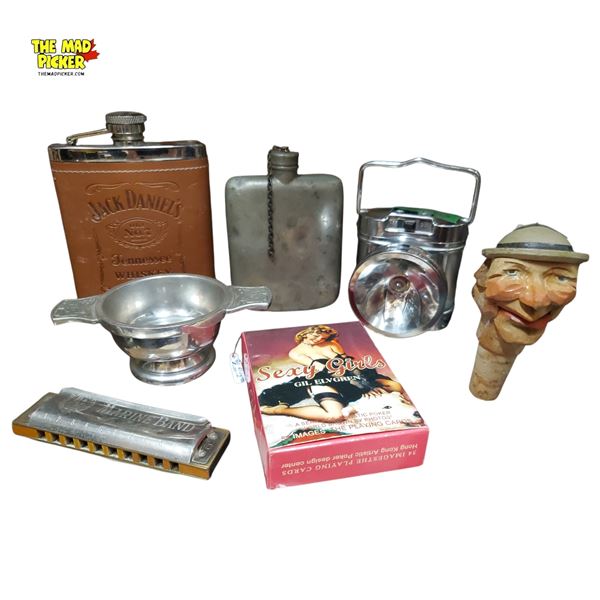 Collection of Vintage Items - Hip Flasks, Collapsible Cup, Harmonica, Playing Cards Etc.
