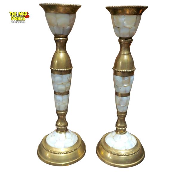Pair of 8in Vintage Brass and Mother-of-Pearl (Or Abalone Shell) Candlesticks